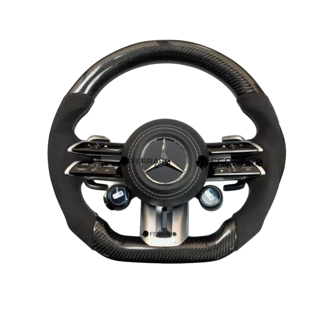 Volante per Mercedes, Carbonio Diagonale, Pelle Scamosciata, Galvanica, Linea Bianca, Pomelli AMG