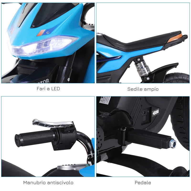 HOMCOM Moto Elettrica per Bambini da 6V con Rotelle e Fari, in PP e Metallo, 105x52.3x62.3 cm, Azzurro e Nero