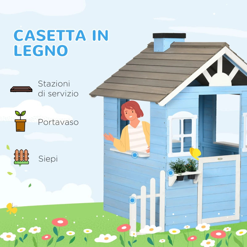 Outsunny Casa per Bimbi 3-7 Anni con Staccionata, Portavasi, Porta e Finestre, in Legno di Abete, 151x112.5x142 cm, Blu