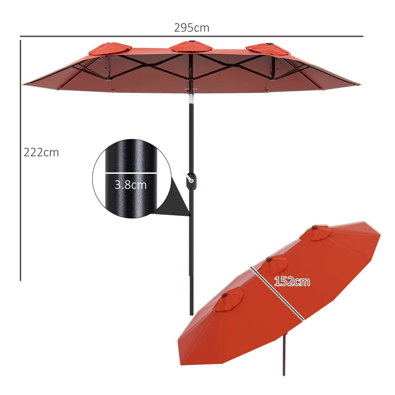 Outsunny Ombrellone da Giardino Doppio Inclinabile con Apertura a Manovella, 295x152x222cm, Rosso