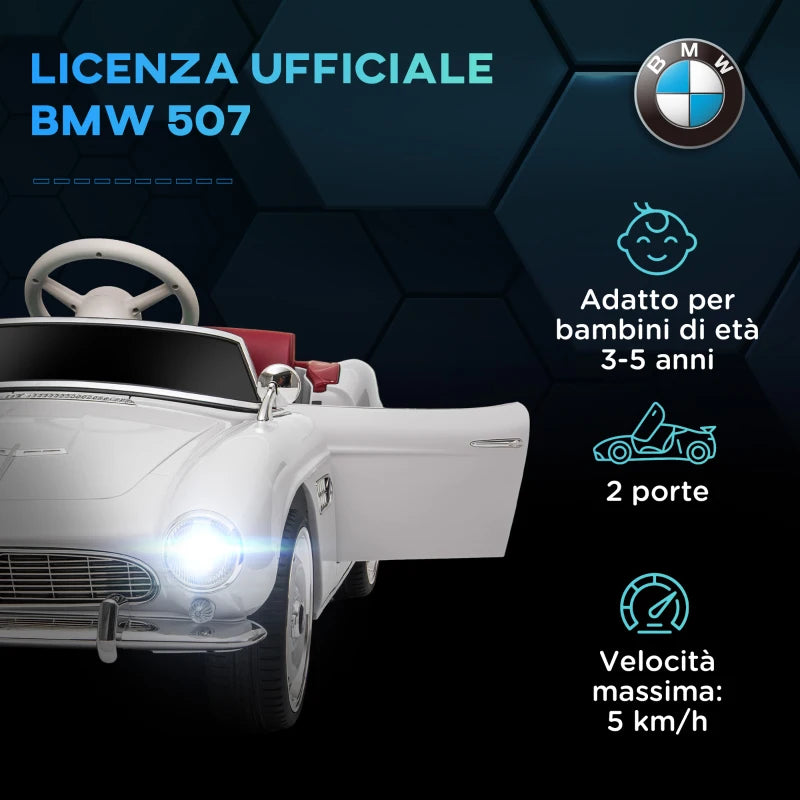 HOMCOM Macchina Elettrica per Bambini a 2 Porte con Licenza BMW 507, con Clacson e Telecomando, 115x55x47 cm, Bianca