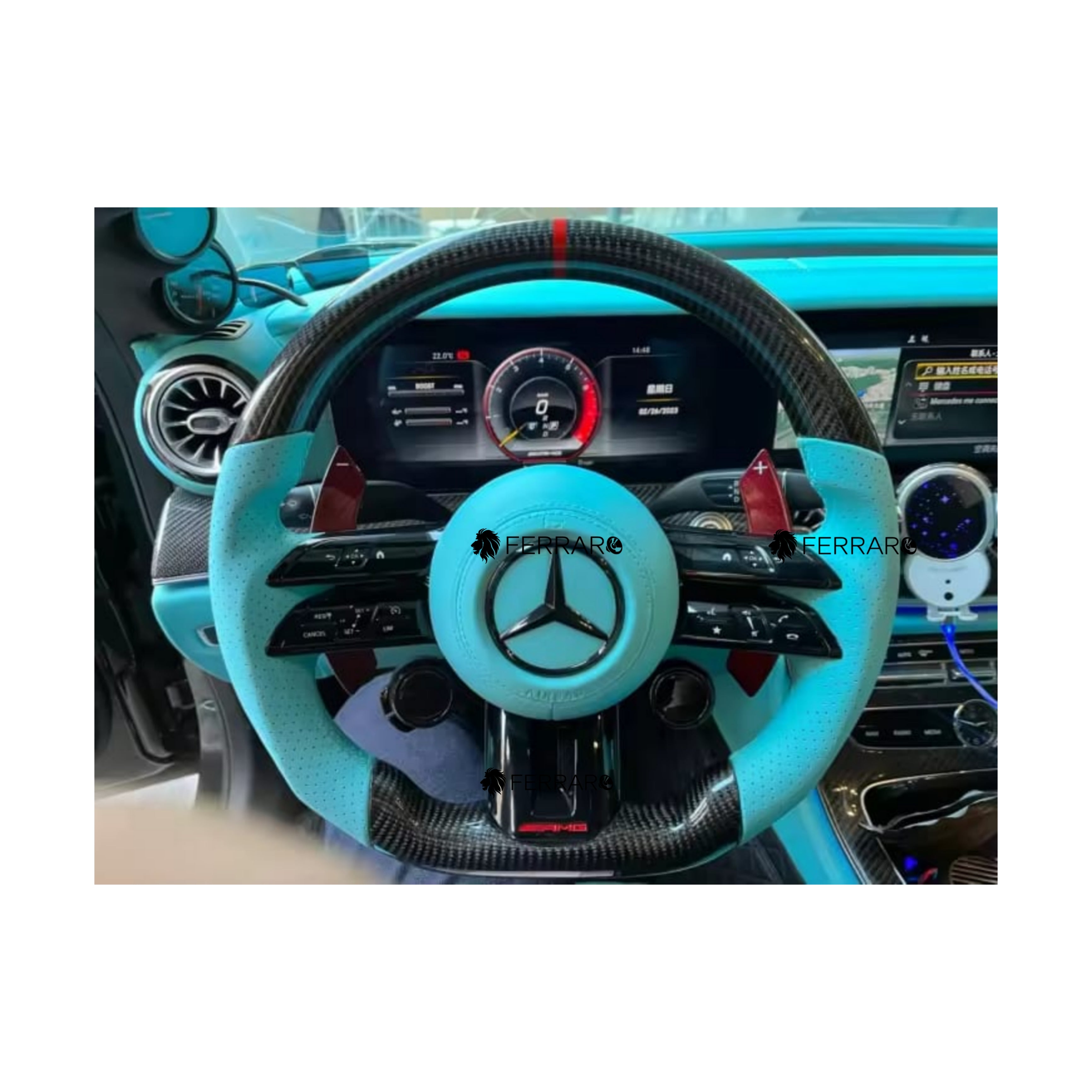 Volante per Mercedes, Carbonio Diagonale, Etichetta Rossa, Punzonatura Blu Tiffany, AMG