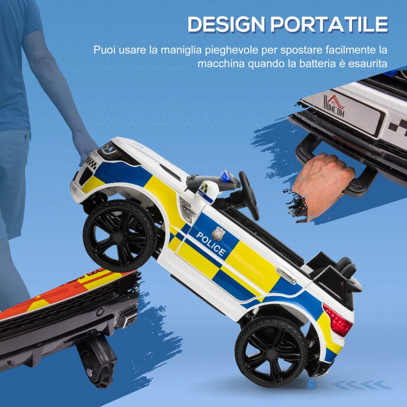 HOMCOM Macchina Elettrica per Bambini della Polizia, Batteria 12V e Telecomando, Sirena Luci Attacco USB per Musica, 110x68x52cm, Bianco