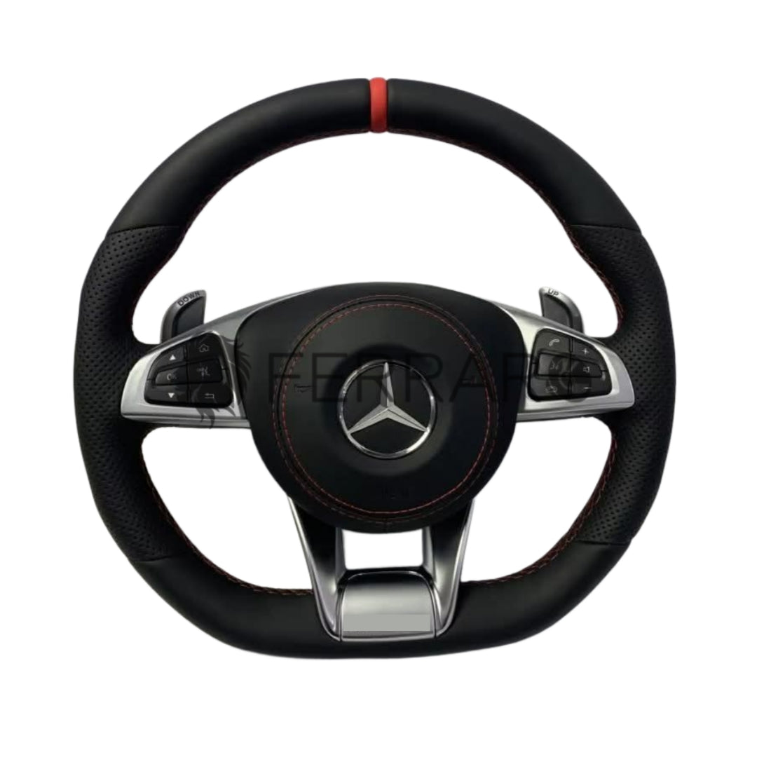 Volante per Mercedes, Nero, Filo Nero, Linea Rossa, Perforato