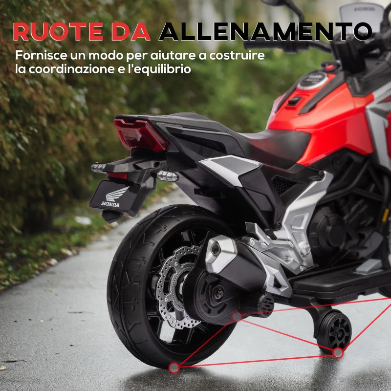 AIYAPLAY Moto Elettrica per Bambini 3-6 Anni Licenza Honda con Fari, Musica e Rotelle, 107x46x75 cm, Rosso
