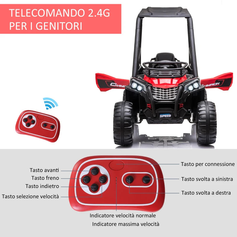HOMCOM Macchina Elettrica per Bambini 12V, Velocità 3-6km/h, Quad Elettrico Mini con Doppio Motori, USB, Lettore MP3 e Telecomando, 118x76x104cm, Rosso e Nero