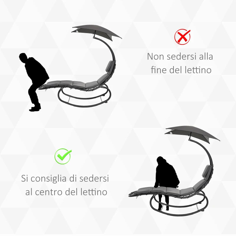 Outsunny Lettino a Dondolo da Giardino, Sdraio Prendisole, Sedia a Dondolo per Esterno con Seduta Imbottita e Tettuccio Grigio 185x114x190cm