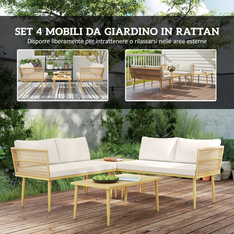 Outsunny Set Salotto da Esterno in Rattan PE con 2 Divani a 2 Posti con Cuscini e 2 Tavoli da Caffè, Colore Legno