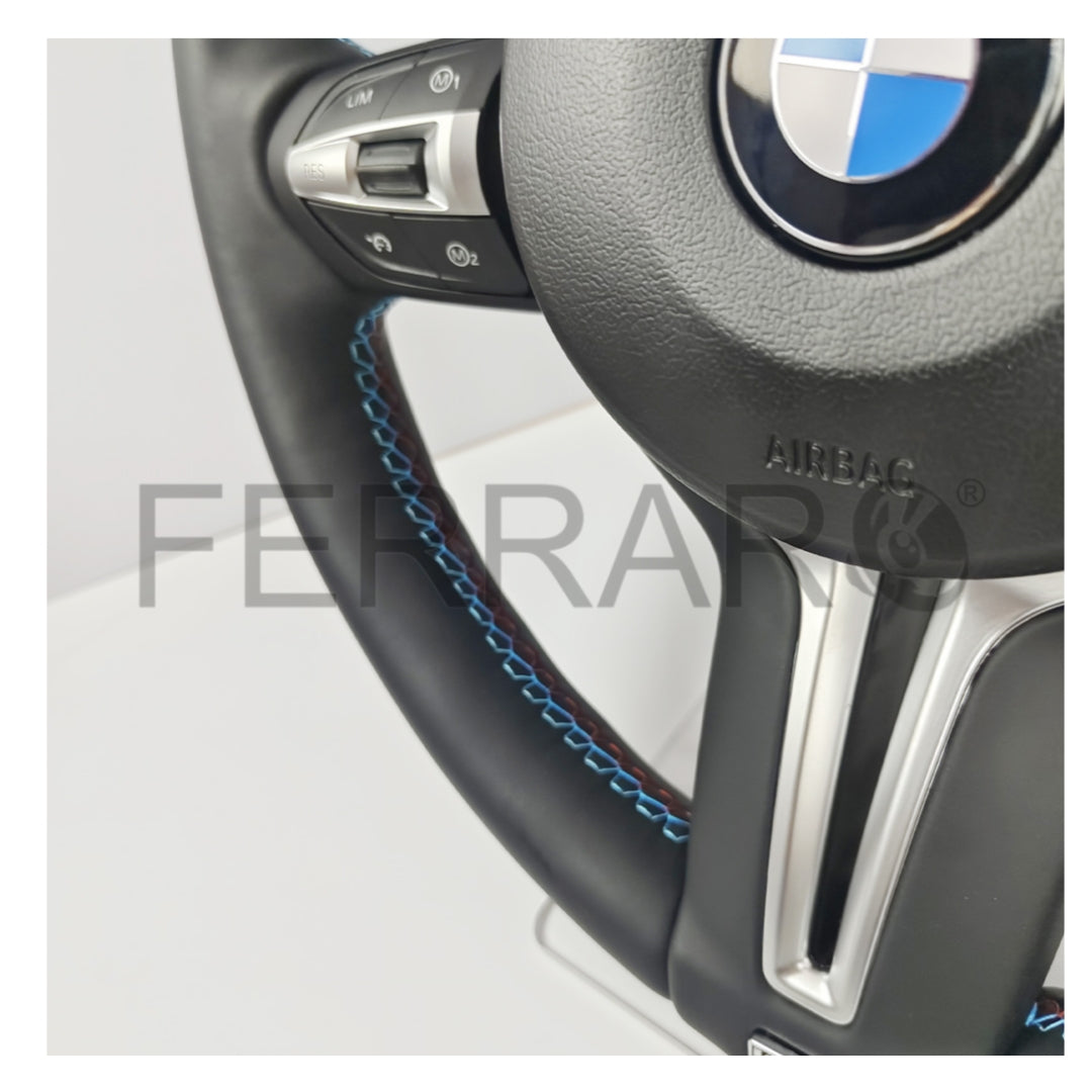 (PRENOTA) Volante per BMW, Pelle Nera, Cromatura, Filo Multicolore