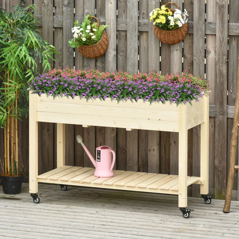 Outsunny Letto per Orto Rialzato in Legno con Rotelle e Ripiano Inferiore, 118x55x83cm, Legno Naturale