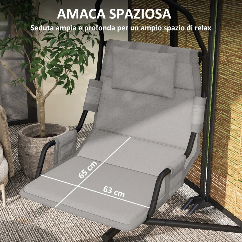 Outsunny Amaca a Dondolo Imbottita con Cuscino, Gancio e Catena, in Acciaio e Poliestere, 118x98x192 cm, Grigio e Nero