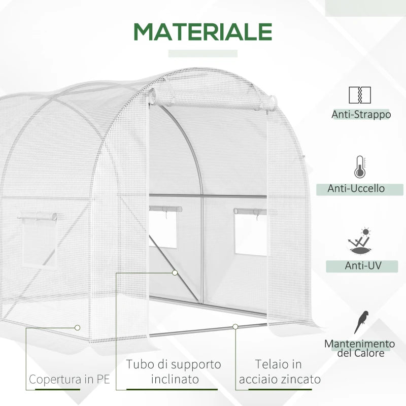 Outsunny Serra a Tunnel con 4 Finestrelle e Ingresso a Zip in Acciaio Zincato e PE, 3x2x1.9 m, Bianco