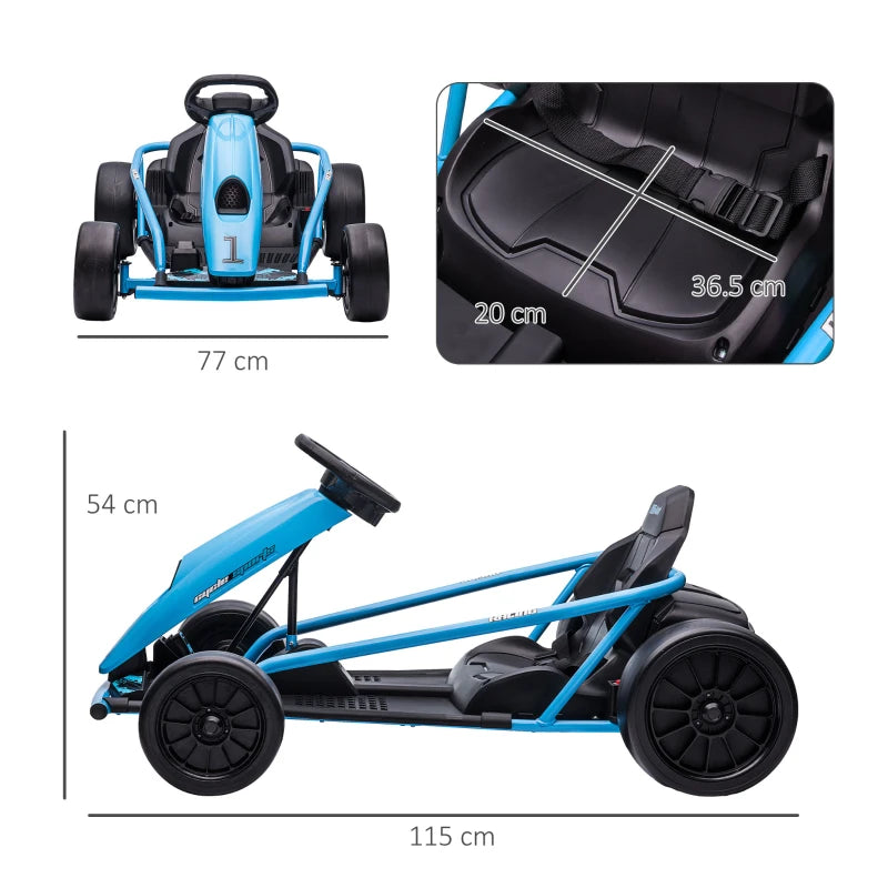 HOMCOM Go-Kart Elettrico per Bambini 8-12 Anni con Schienale Alto e Cintura di Sicurezza, 115x77x54 cm, Blu e Nero