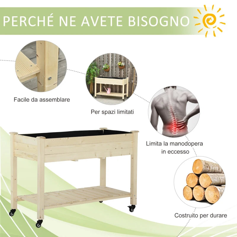 Outsunny Letto per Orto Rialzato in Legno con Rotelle e Ripiano Inferiore, 118x55x83cm, Legno Naturale