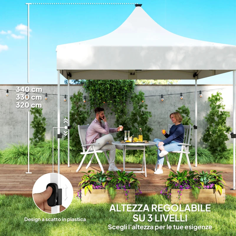 Outsunny Gazebo da Giardino Pop Up 3x3 m ad Altezza Regolabile con Luci LED Solari, in Tessuto Oxford e Metallo, Bianco