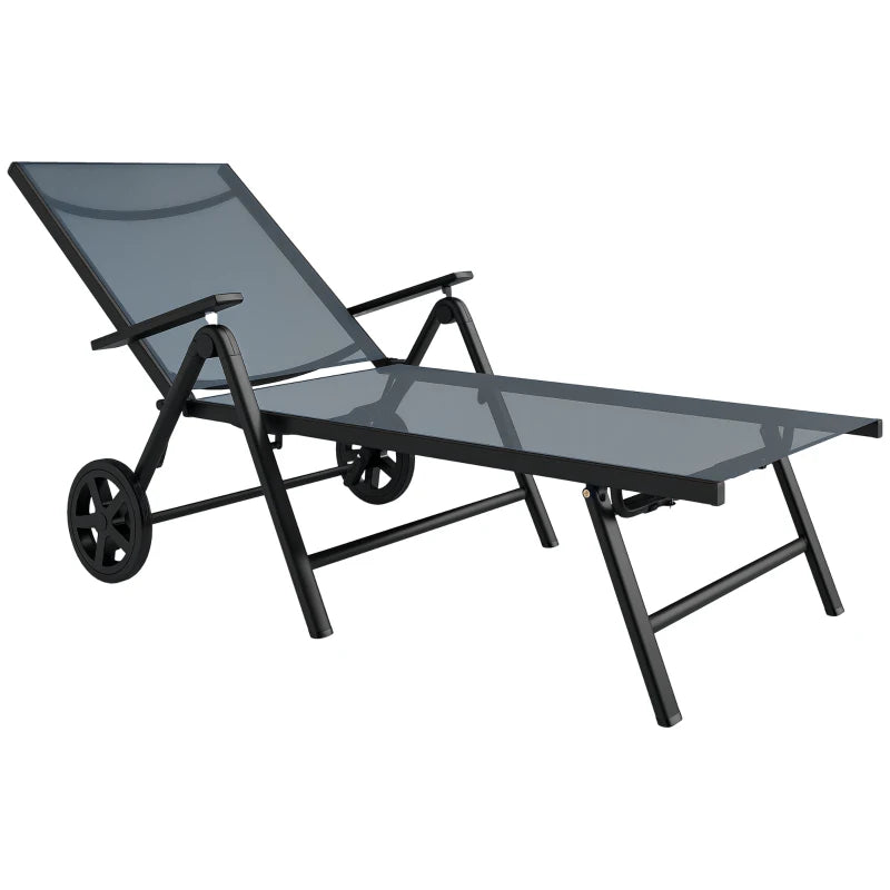 Outsunny Lettino Sdraio Pieghevole e Reclinabile in 5 Posizioni con Rotelle, in Metallo e Textilene, 72x158x84 cm, Grigio