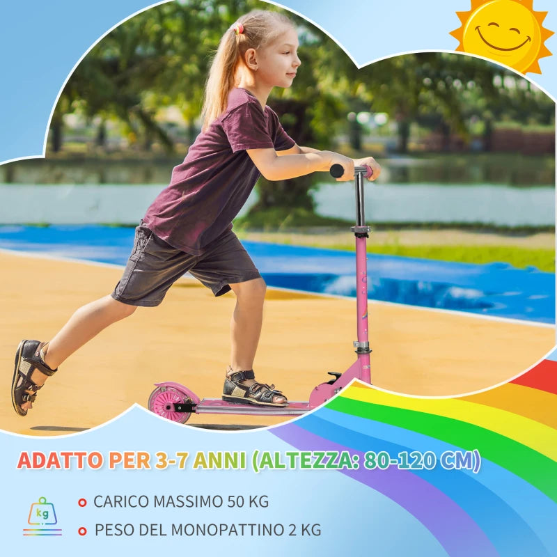 HOMCOM Monopattino per Bambini 3-7 Anni Pieghevole a 2 Ruote e Altezza Regolabile, 67x30x63/68/73/76 cm, Rosa