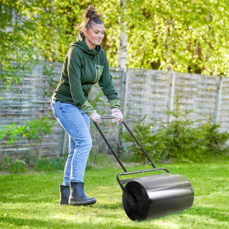Outsunny Rullo da Giardino Φ32x50cm in Metallo Impermeabile Nero, Serbatoio Fino 38 Litri (Acqua o Sabbia)