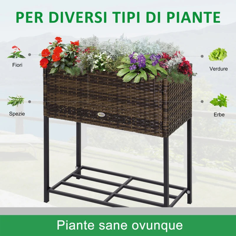 Outsunny Letto per Orto Rialzato, Fioriera Effetto Vimini con Ripiano, Aiuola Rialzata per Esterni e Interni, Marrone (70cm x 30cm x 70cm)