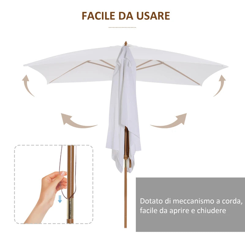 Outsunny Ombrellone m da Giardino 2x3 in Legno Laccato con Copertura Rimovibile, Bianco