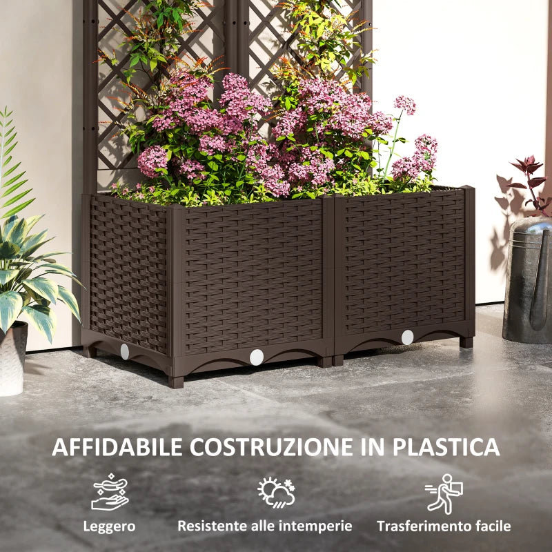 Outsunny Fioriera Rialzata con Traliccio per Rampicanti e 8 Fori di Drenaggio in PP, 80x40x135 cm, Marrone