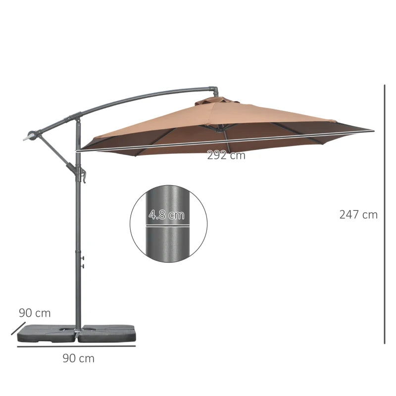Outsunny Ombrellone Decentrato a 6 Stecche con Manovella e Base a Croce, in Metallo e Poliestere, Ø292x247 cm, Caffè