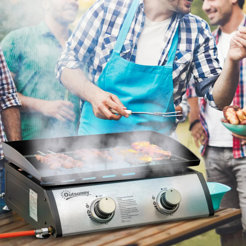 Outsunny Piastra Barbecue a Gas da Tavolo con 2 Bruciatori e Potenza 6kW, 48.5x46x21cm, Nero