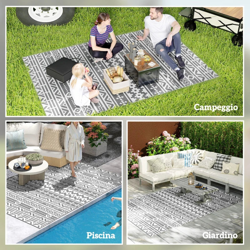 Outsunny Tappeto da Esterno Reversibile con Motivo Geometrico e Borsa Inclusa, 182x274 cm, Grigio e Bianco