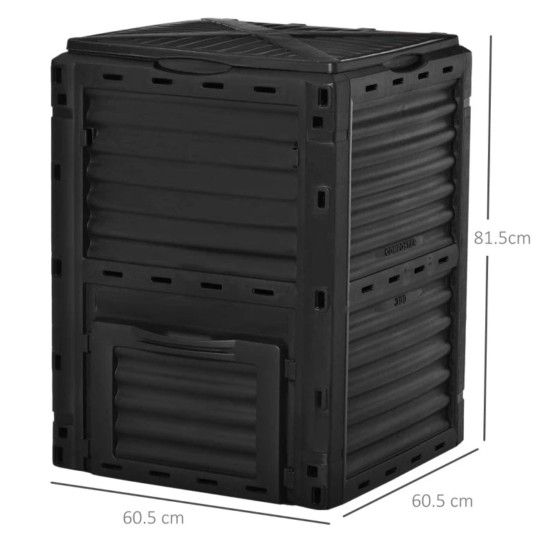 Outsunny Compostiera da Giardino, Compostiera Domestica da 300L in Plastica Nera, Bidone per Compost con Coperchio a Incastro