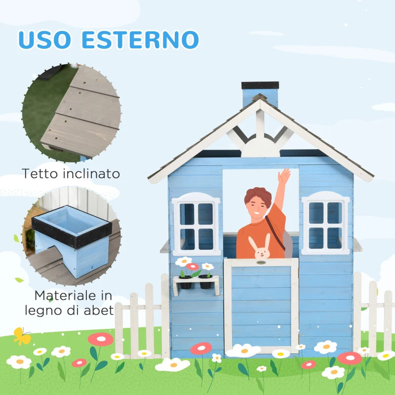 Outsunny Casa per Bimbi 3-7 Anni con Staccionata, Portavasi, Porta e Finestre, in Legno di Abete, 151x112.5x142 cm, Blu