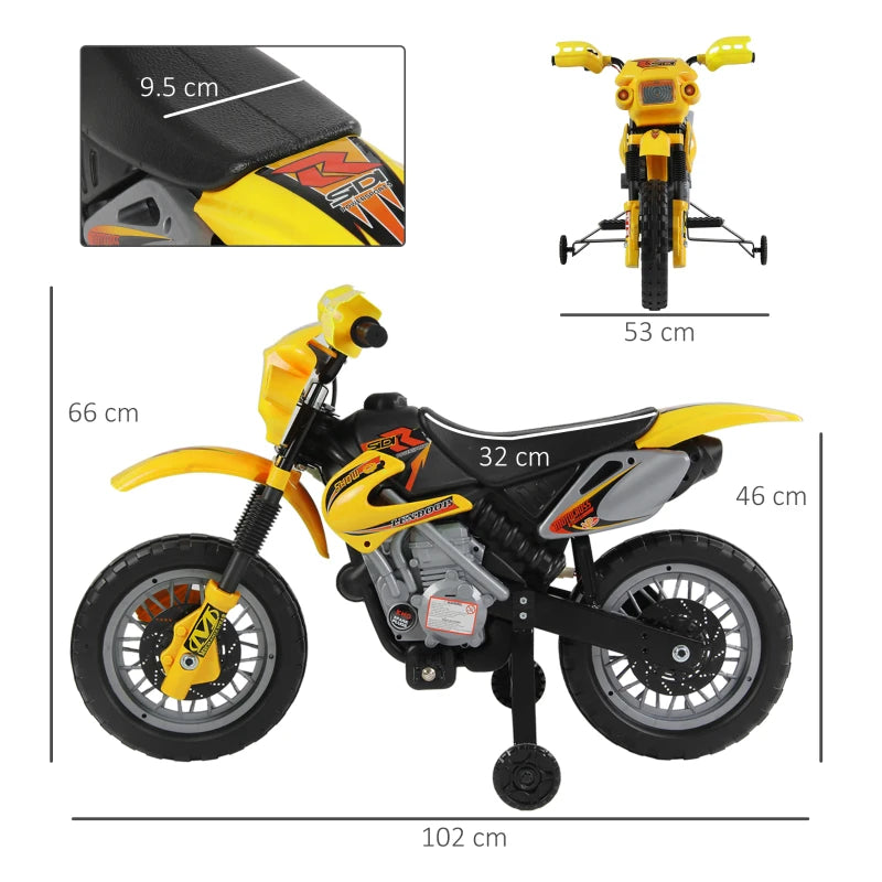 HOMCOM Moto Elettrica per Bambini 3 anni e Più, Moto Cross Elettrica con Rotelle, Batteria 6V Velocità 2.5km/h, 102 x 53 x 66cm, Giallo