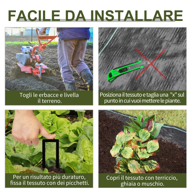 Outsunny Telo Pacciamatura 50x2m 100g/m² Telo Anti Erbacce Telo Nero per Orto, Serra, Giardino Drenante e Traspirante con Quadrettatura