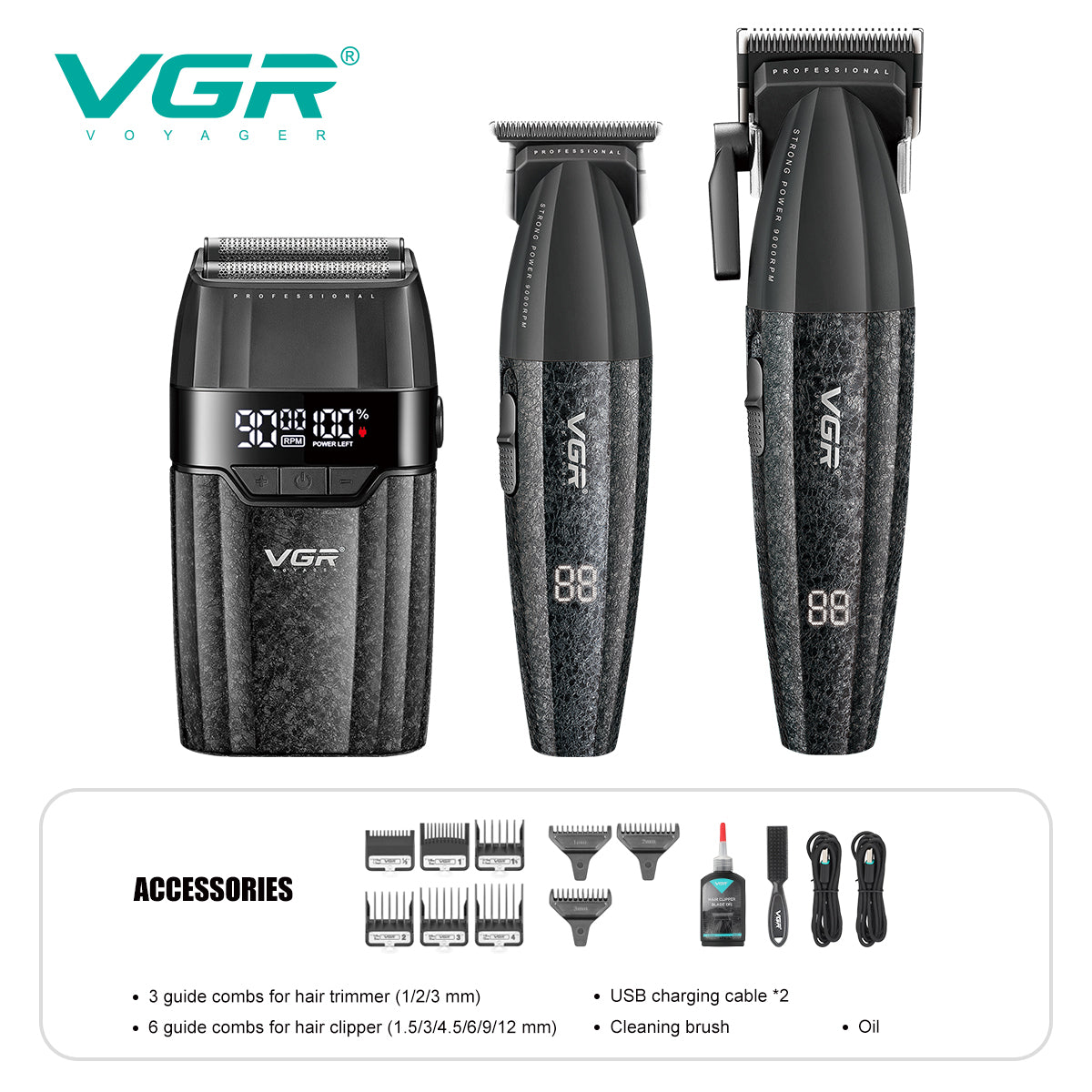 VGR, Kit 3 in 1, Tagliacapelli Professionale, Cordless, V-640 S3