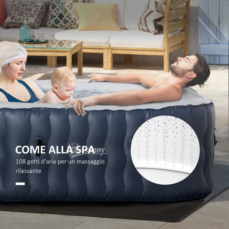 Outsunny Spa Idromassaggio Gonfiabile con 108 Getti e Riscaldamento 40°C, per 4-6 Persone, 180x180x68cm, Blu Scuro