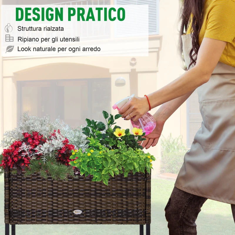 Outsunny Letto per Orto Rialzato, Fioriera Effetto Vimini con Ripiano, Aiuola Rialzata per Esterni e Interni, Marrone (70cm x 30cm x 70cm)