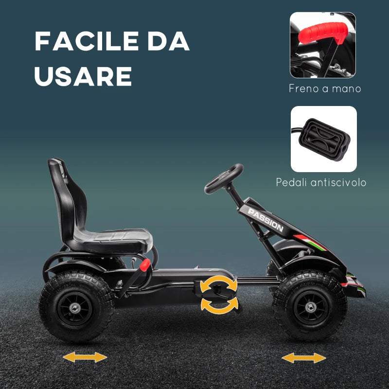 HOMCOM Go Kart a Pedali per Bambini 5-12 Anni in PP e Metallo Nero con Sedile Regolabile e Freno a Mano, 121x58x61 cm