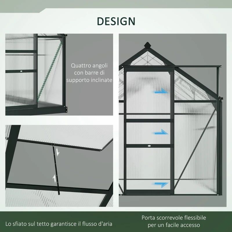 Outsunny Serra in Policarbonato e Alluminio con Porta Scorrevole, Presa d'Aria e Grondaia, 1.9x1.9x2m, Grigio