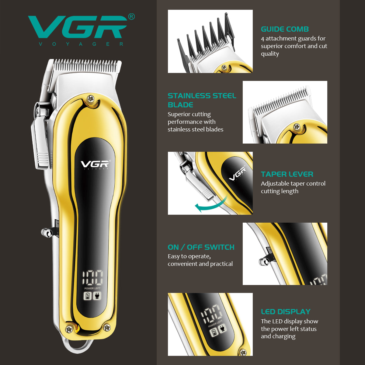 VGR, Tagliacapelli Professionale, Display LED, V-680