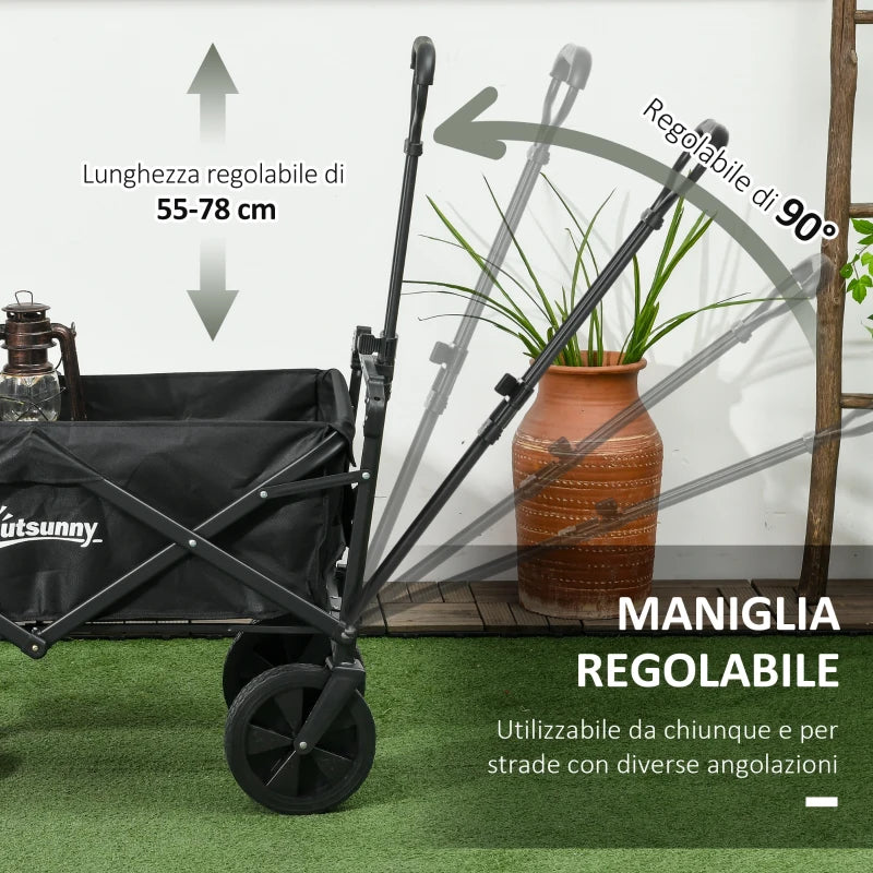 Outsunny Carrello da Giardino 110L con Maniglia Telescopica e Tettuccio in Acciaio e Tessuto Oxford, Nero