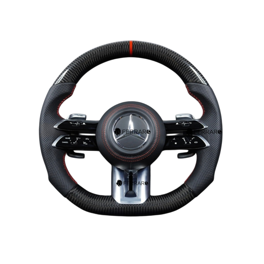 Volante per Mercedes, Carbonio Nero, Logo Argento, Punzonata Rossa, Linea Rossa, AMG