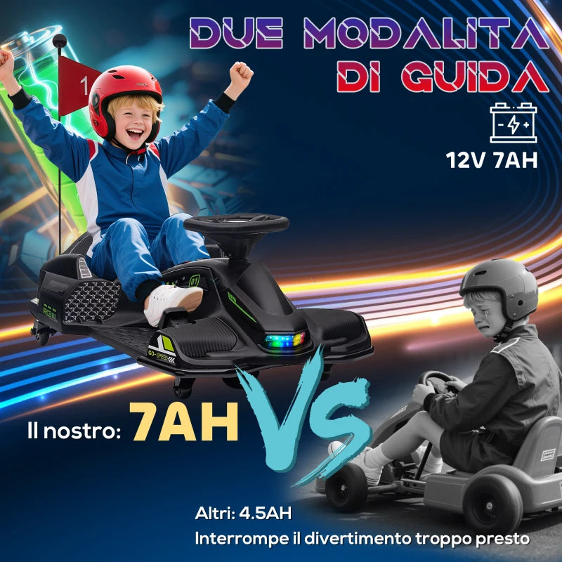 HOMCOM Go Kart Elettrico per Bambini 8-12 Anni Velocità 3-8 km/h per Drifting con Luci e Musica, Nero