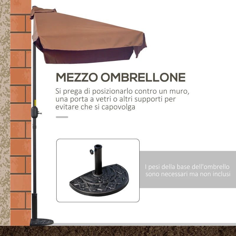 Outsunny Ombrellone Semicircolare 2.3x1.3 m da Terrazza e Giardino per Parete con Manovella, Caffè