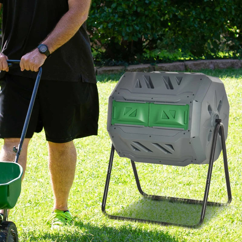 Outsunny Compostiera da Giardino Girevole a 2 Sezioni con 8 Prese d'Aria, in Acciaio e PP, 71x65x96 cm, Grigio