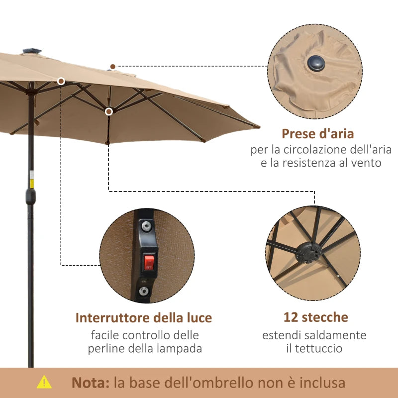Outsunny Ombrellone da Giardino Doppio 4.5m con 48 Luci LED e Manovella, Cachi