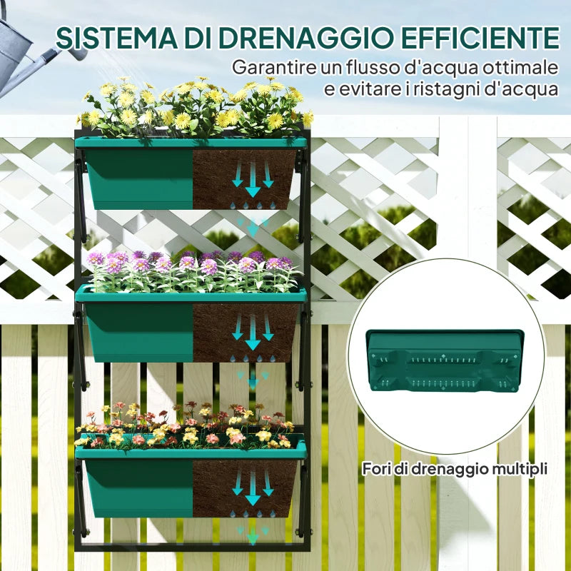 Outsunny Fioriera da Esterno Verticale e 3 Vasi per Piante in Plastica con Fori di Drenaggio, 56x42x100 cm, Verde