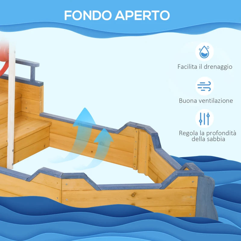 Outsunny Sabbiera per Bambini in Legno a Forma di Nave dei Pirati con Vano Contenitore, 158x78x45.5 cm