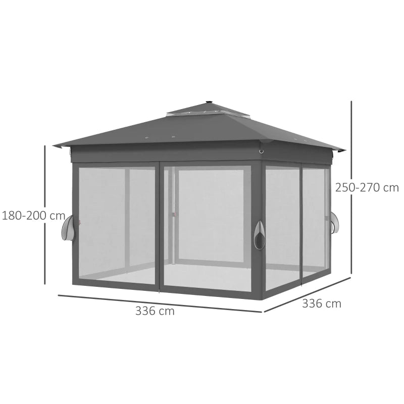 Outsunny Gazebo da Giardino ad Altezza Regolabile con Luci LED, in Acciaio e tessuto Oxford, 336x336x250-270 cm, Grigio