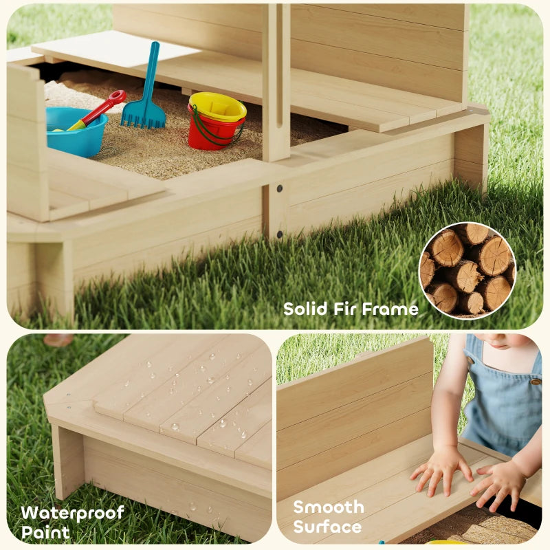 Outsunny Sabbiera per Bambini in Legno con Tettuccio Parasole, Panca e Coperchio, 106x106x115 cm Bianco e Blu