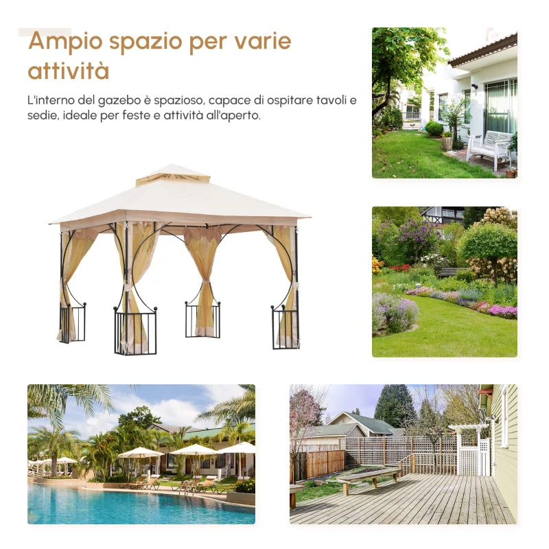 Outsunny Gazebo da Giardino 3x3m in Metallo con Zanzariere e Tettuccio in Poliestere, Beige