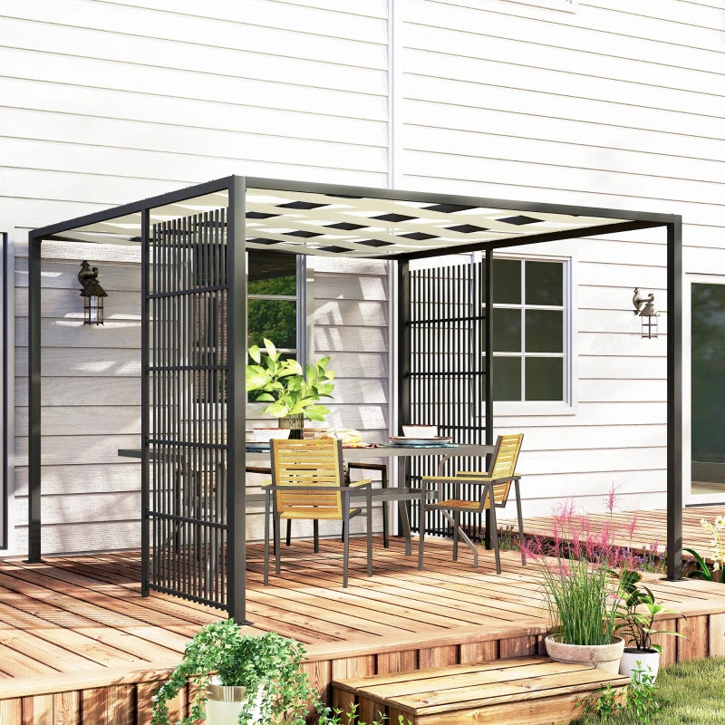 Outsunny Pergola per Esterno 3x3 m con Copertura Ondulata e Pannelli Laterali, in Metallo e Poliestere Nero